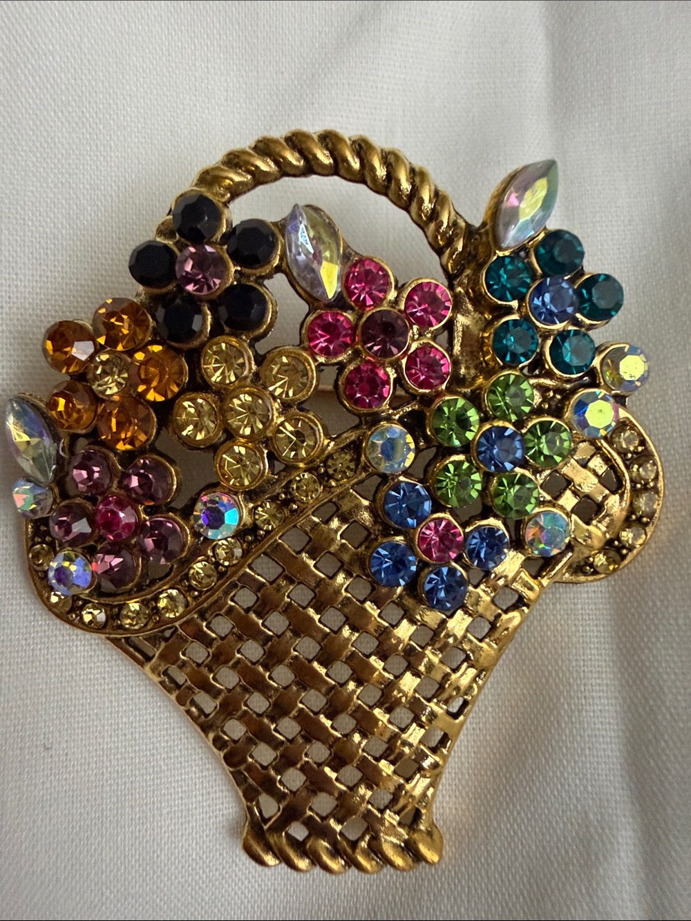 Gold Floral Basket Multi-Color Crystal Brooch